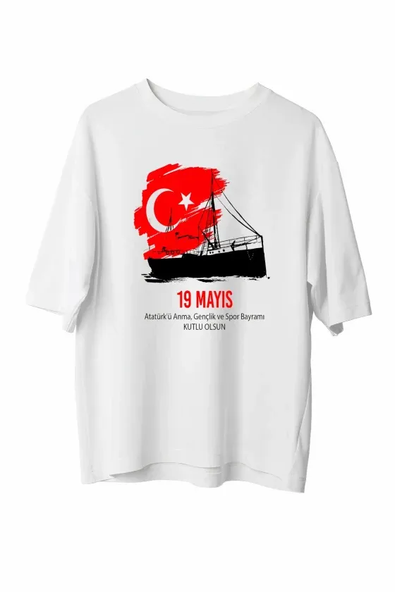 19 Mayıs Atatürkü Anma Gençlik Ve Spor Bayramı Baskılı Oversize T-shirt - Beyaz