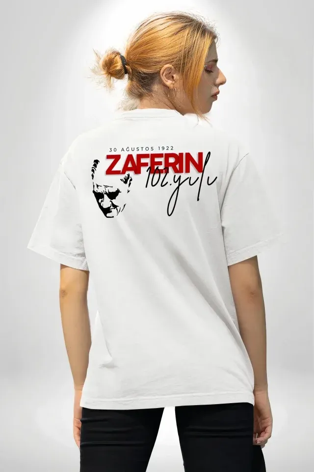 30 Ağustos Zafer Bayramı Atatürk Temalı Oversize Bisiklet Yaka T-shirt - Beyaz