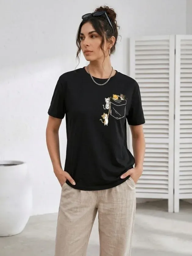 Sevimli Kedi Cep Baskılı Tişört Kısa Kol Yazlık T-Shirt - Siyah