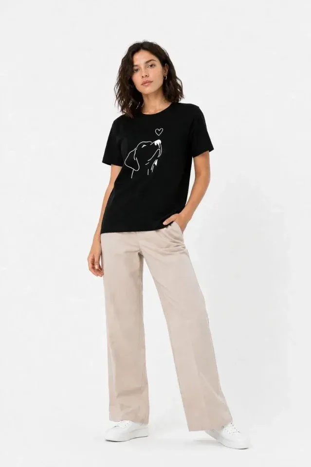 Köpek Figürlü Minimal Baskılı Tişört Kısa Kol Yazlık T-Shirt - Siyah