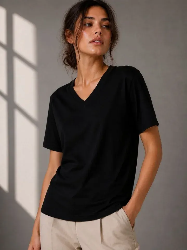 V Yaka Basic Tişört Kısa Kol Yazlık Regular Fit T-Shirt - Siyah