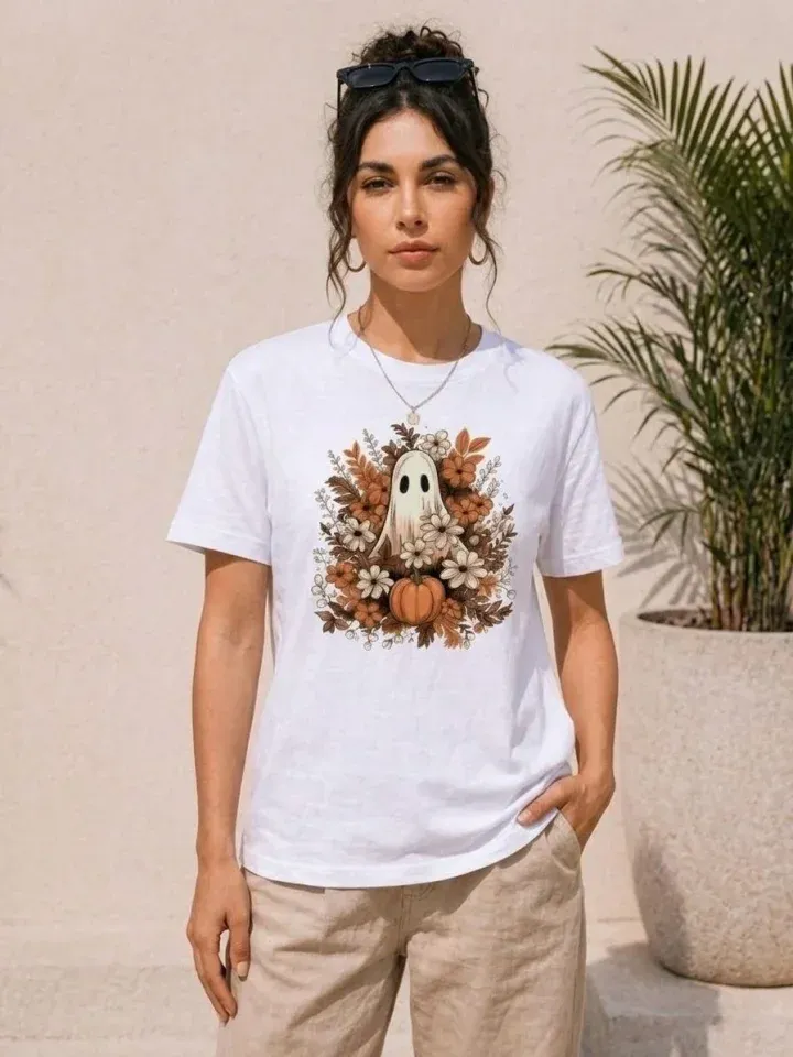 Balkabağı Hayalet Baskılı Tişört Kısa Kol Yazlık T-Shirt - Beyaz