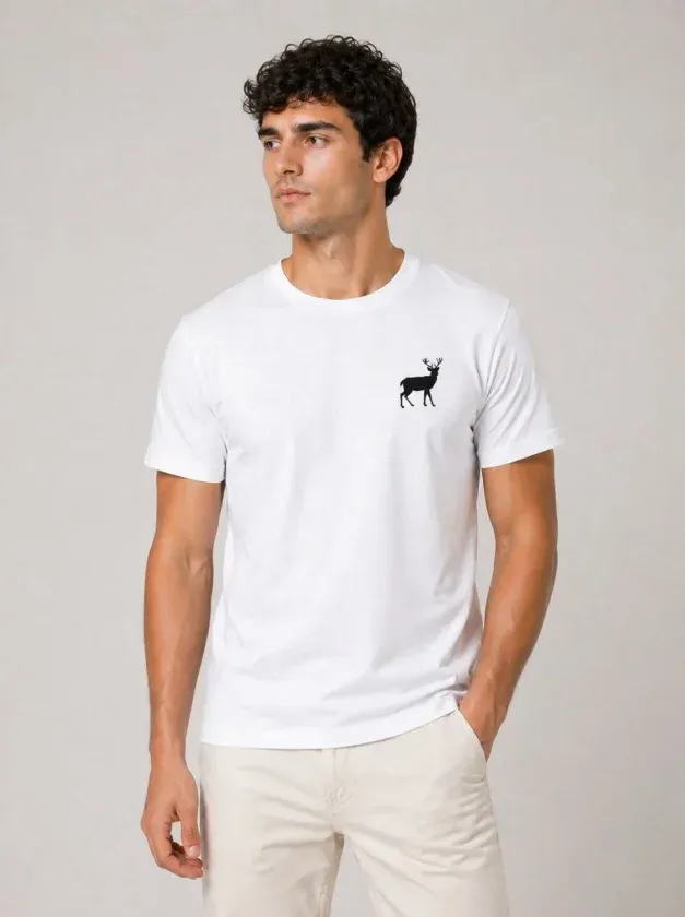 Erkek Minimal Geyik Logolu Tişört Bisiklet Yaka Kısa Kol Yazlık T-Shirt - Beyaz