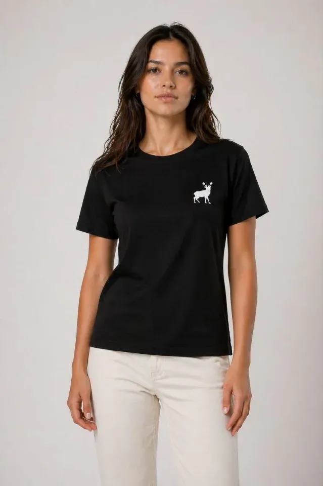 Minimal Geyik Logolu Tişört Bisiklet Yaka Kısa Kol Yazlık T-Shirt - Siyah