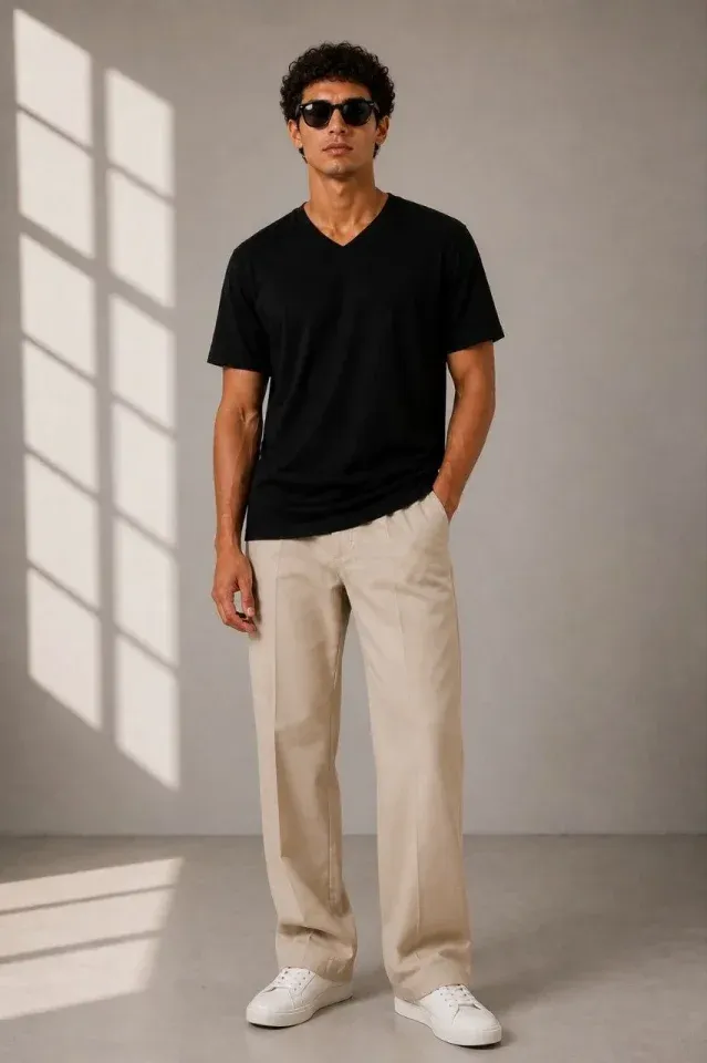 Erkek V Yaka Basic Tişört Kısa Kol Yazlık Regular Fit T-Shirt - Siyah