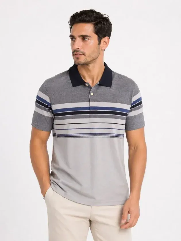 Erkek Flamlı Penye Çizgili Polo Yaka Tişört Kısa Kol Yazlık T-Shirt - Gri