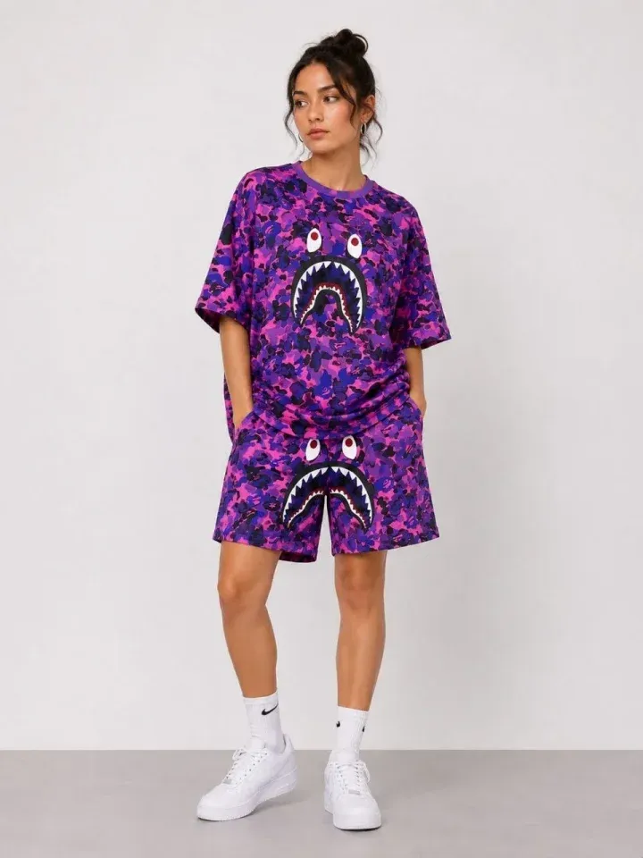 Oversize Kalıp Pubg Bape X Shark Nakışlı Cepli Şort Takım - Mor