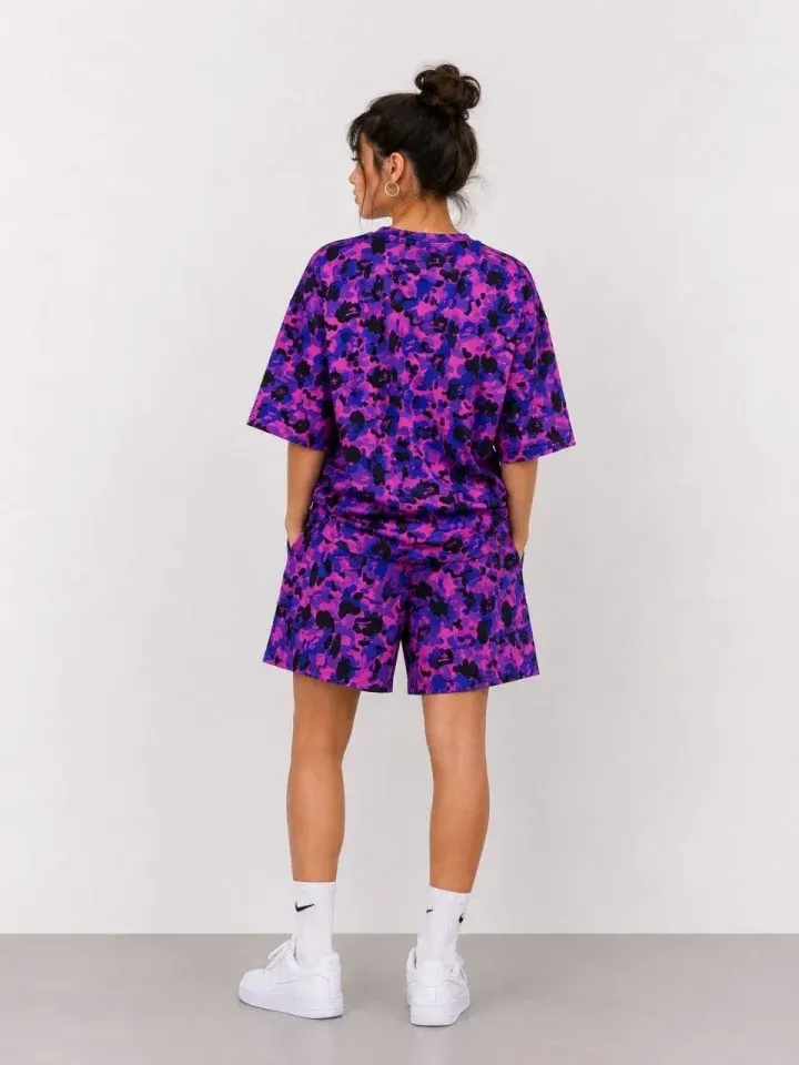 Oversize Kalıp Pubg Bape X Shark Nakışlı Cepli Şort Takım - Mor