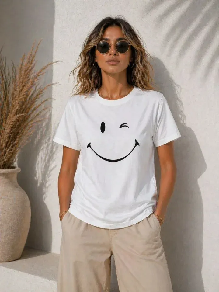 Minimal Gülümseyen Yüz Baskılı Tişört Kısa Kol Yazlık T-Shirt - Beyaz