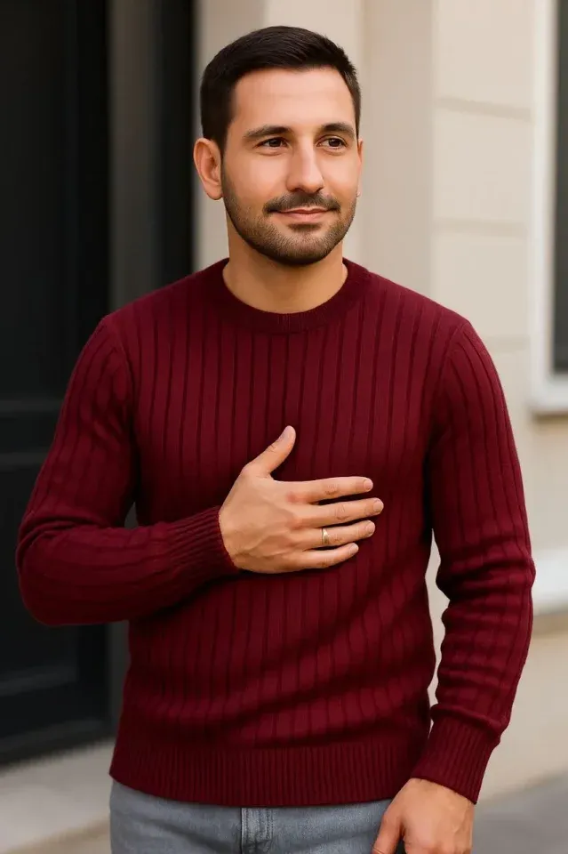 Erkek Fitilli Triko Bisiklet Yaka Kalın Kazak 4lü Set Beyaz-Bebek Mavisi-Gri-Siyah