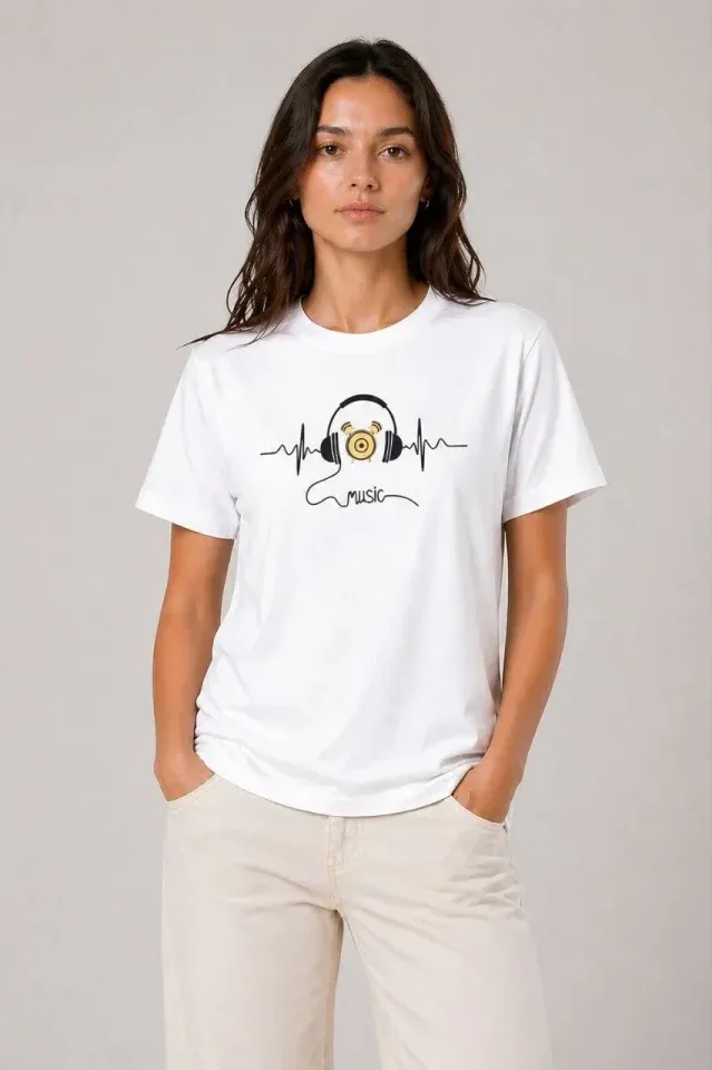 Müzik Temalı Baskılı Tişört Bisiklet Yaka Kısa Kol T-Shirt - Beyaz