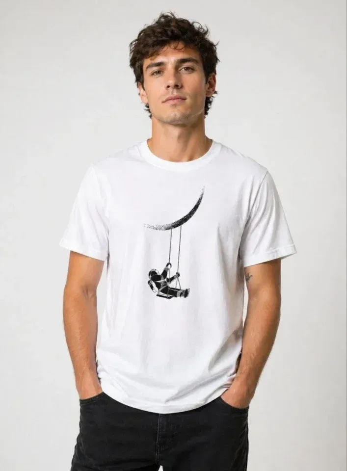 Erkek Astronot Ay Temalı Tişört Kısa Kol Yazlık Bisiklet Yaka T-Shirt - Beyaz