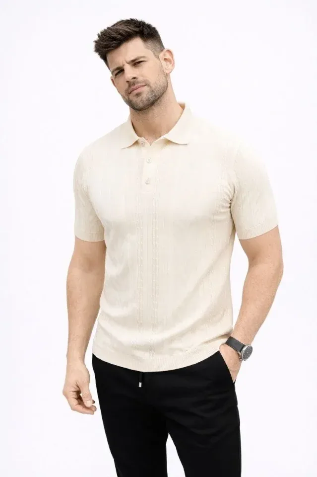 Erkek Yazlık Triko Tişört Kısa Kol Polo Yaka Düğmeli T-Shirt - Krem