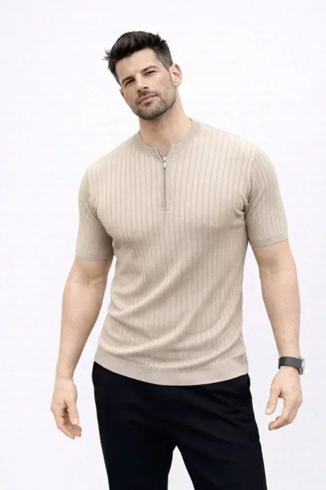 Erkek Kısa Kol Fitilli Triko T-Shirt Yazlık Hakim Yaka Tişört - Bej