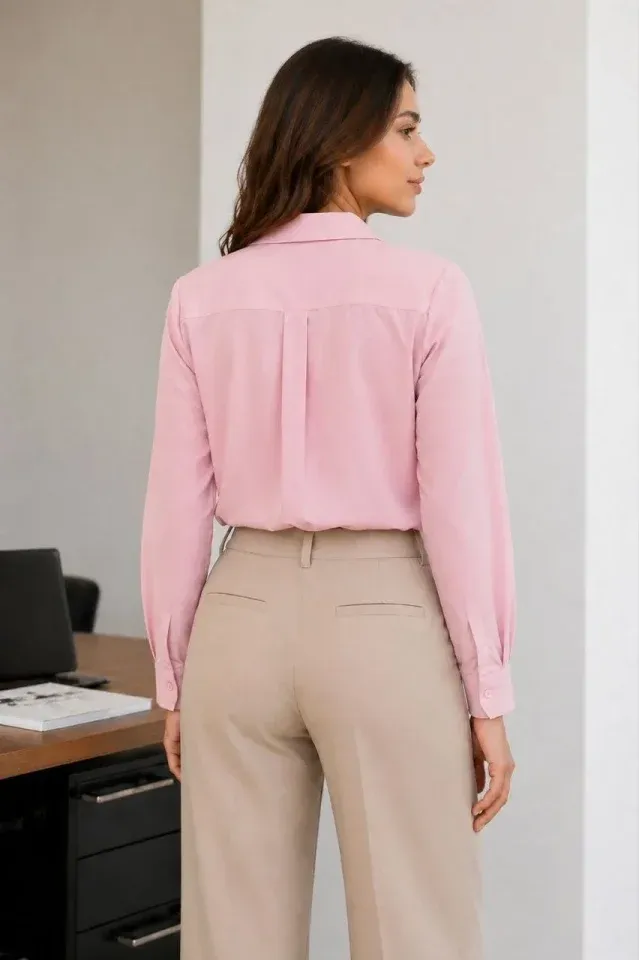 Uzun Kol Gömlek Düğmeli Klasik Yaka Günlük Ve Ofis Şıklığına Uygun - Toz Pembe