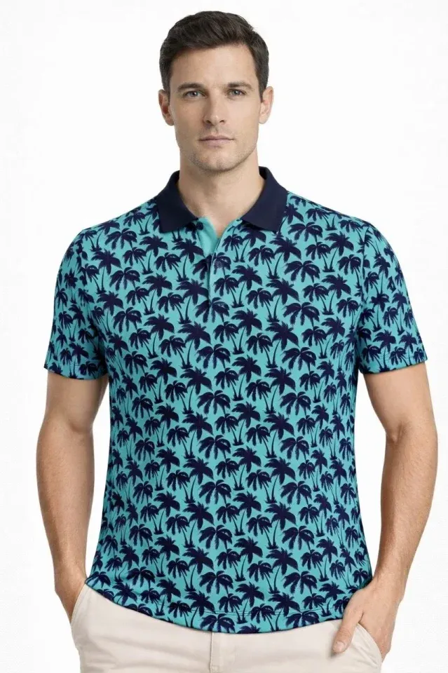 Erkek Pike Kumaş Polo Yaka Palmiye Desenli Tişört Kısa Kol Yazlık T-Shirt - Turkuaz