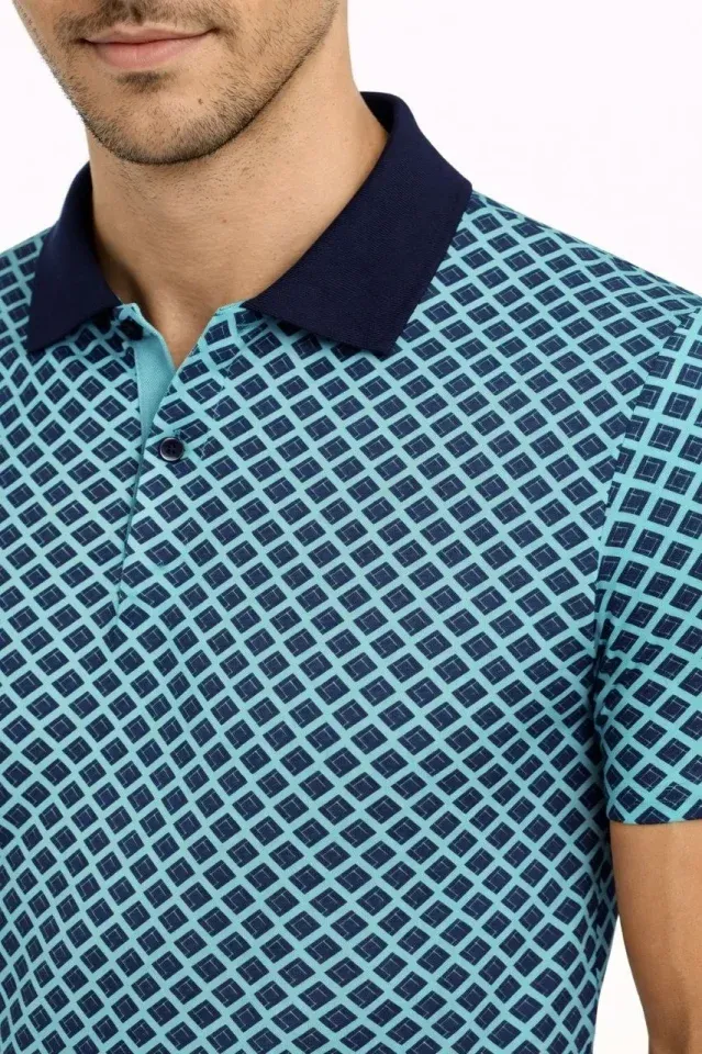 Erkek Pike Kumaş Polo Yaka Desenli Tişört Kısa Kol Yazlık T-Shirt - Turkuaz