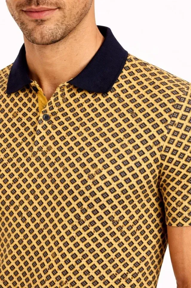 Erkek Pike Kumaş Polo Yaka Desenli Tişört Kısa Kol Yazlık T-Shirt - Sarı