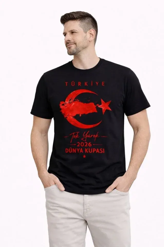 Erkek TÜRKİYE Ay Yıldız Baskılı Taraftar Forma T-Shirt - Siyah