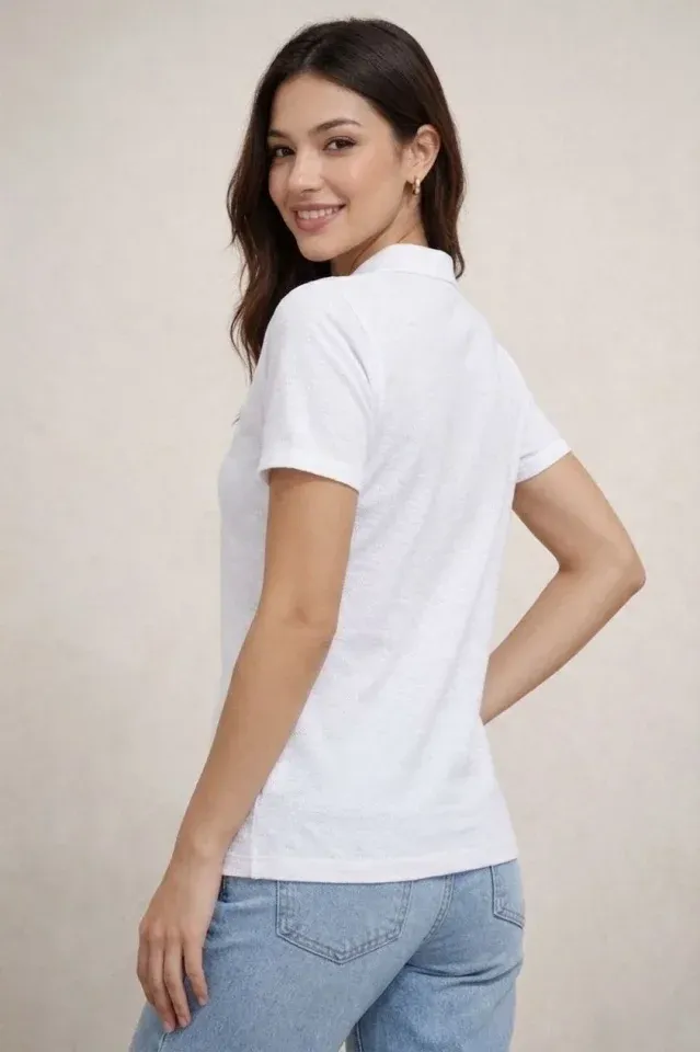 Polo Yaka Pike Kumaş Düğmeli Basic Tişört T-Shirt Günlük Rahat - Beyaz
