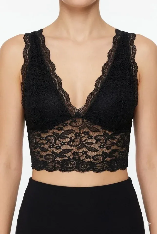 Dantel Bralet Crop Sütyen V Yaka Askılı Şık Esnek Rahat - Siyah