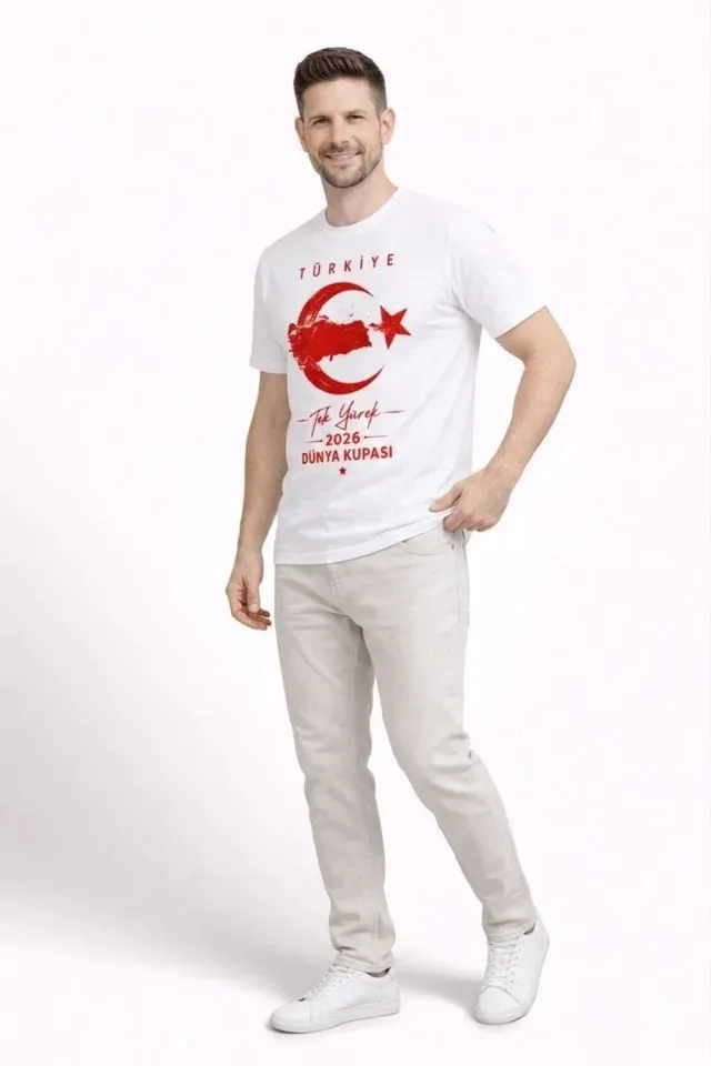 Erkek TÜRKİYE Ay Yıldız Baskılı Taraftar Forma T-Shirt - Beyaz