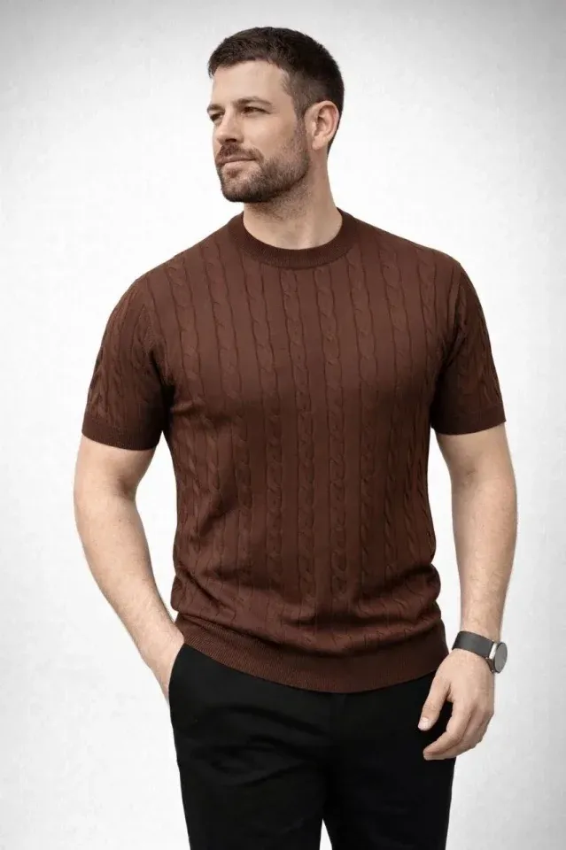 Erkek Yazlık Triko Dokuma Tişört Kısa Kol Bisiklet Yaka Örgü Desenli T-Shirt - Kahverengi