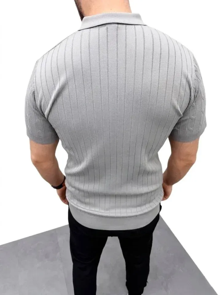 Erkek Yazlık Triko Saç Örgü Tişört Kısa Kol Polo Yaka Fermuarlı T-Shirt - Gri