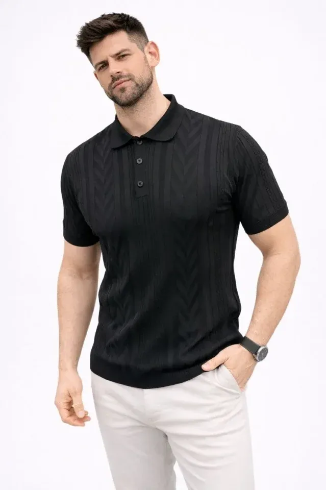 Erkek Yazlık Triko Tişört Kısa Kol Polo Yaka Düğmeli T-Shirt - Siyah