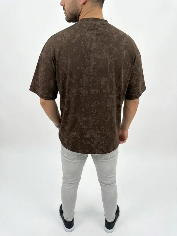 Erkek Premium Tişört OSY Yumuşak Dokulu Yıkamalı Oversize T-Shirt - Kahverengi