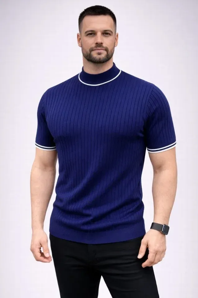 Erkek Fitilli Triko Dokuma Kısa Kol Tişört Yarım Boğaz Modern Yazlık T-Shirt - Lacivert