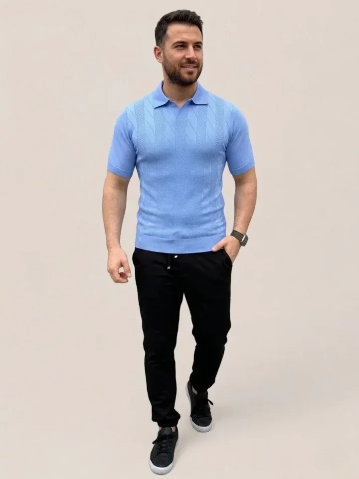 Erkek Yazlık Triko Dokuma Tişört Kısa Kol Polo Yaka T-Shirt - Bebek Mavisi