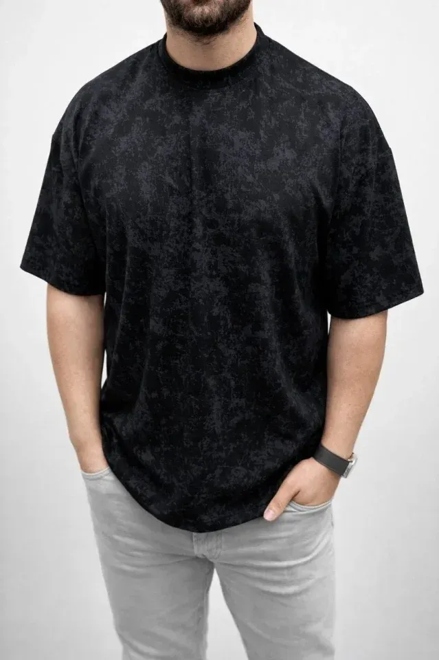 Erkek Premium Tişört OSY Yumuşak Dokulu Yıkamalı Oversize T-Shirt - Siyah