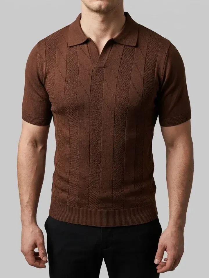 Erkek Yazlık Triko Dokuma Tişört Kısa Kol Polo Yaka T-Shirt - Kahverengi
