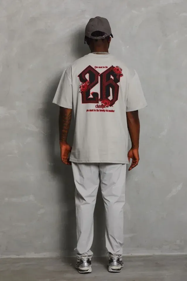 ERKEK Oversize Baskılı Bisiklet Yaka T-Shirt - Gri