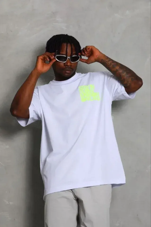 Erkek Baskılı T-Shirt Kısa Kol Bisiklet Yaka Regular Fit Rahat Kalıp Günlük Tişört - Beyaz