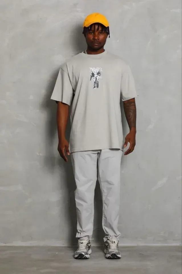 Erkek Baskılı T-Shirt Kısa Kol Bisiklet Yaka Regular Fit Rahat Kalıp Günlük Tişört - Gri