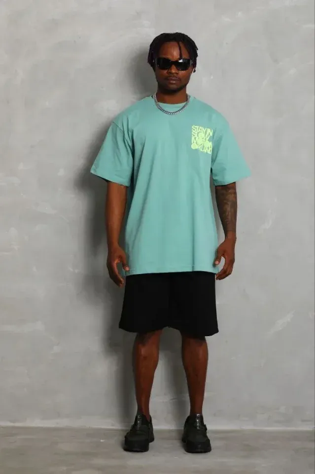 Erkek Baskılı T-Shirt Kısa Kol Bisiklet Yaka Regular Fit Rahat Kalıp Günlük Tişört - Mint Yeşili