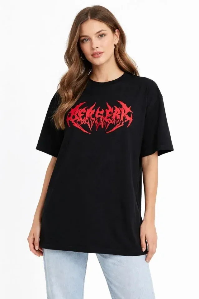Baskılı T-Shirt Yazlık Kısa Kol Bisiklet Yaka Rahat Kalıp Tişört - Siyah