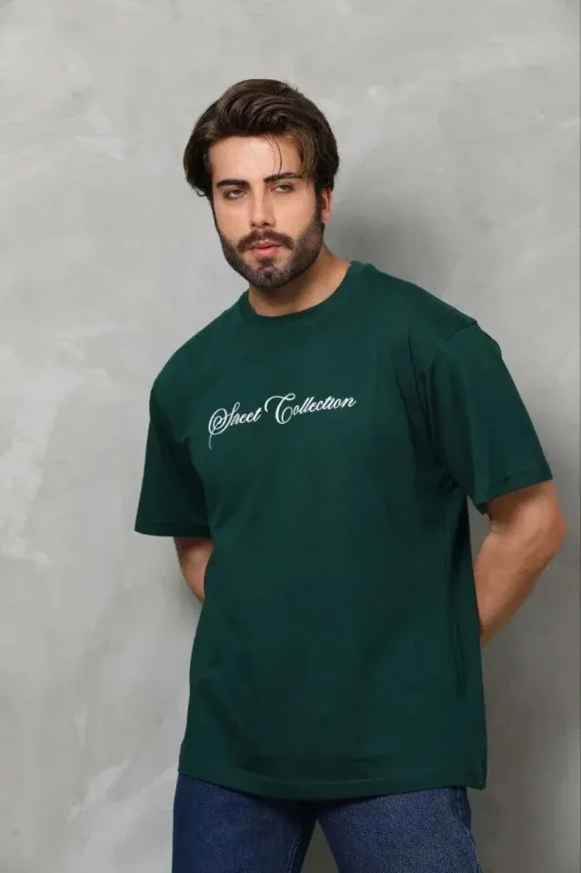 Erkek Baskılı T-Shirt Kısa Kol Bisiklet Yaka Regular Fit Rahat Kalıp Günlük Tişört - Çağla Yeşili