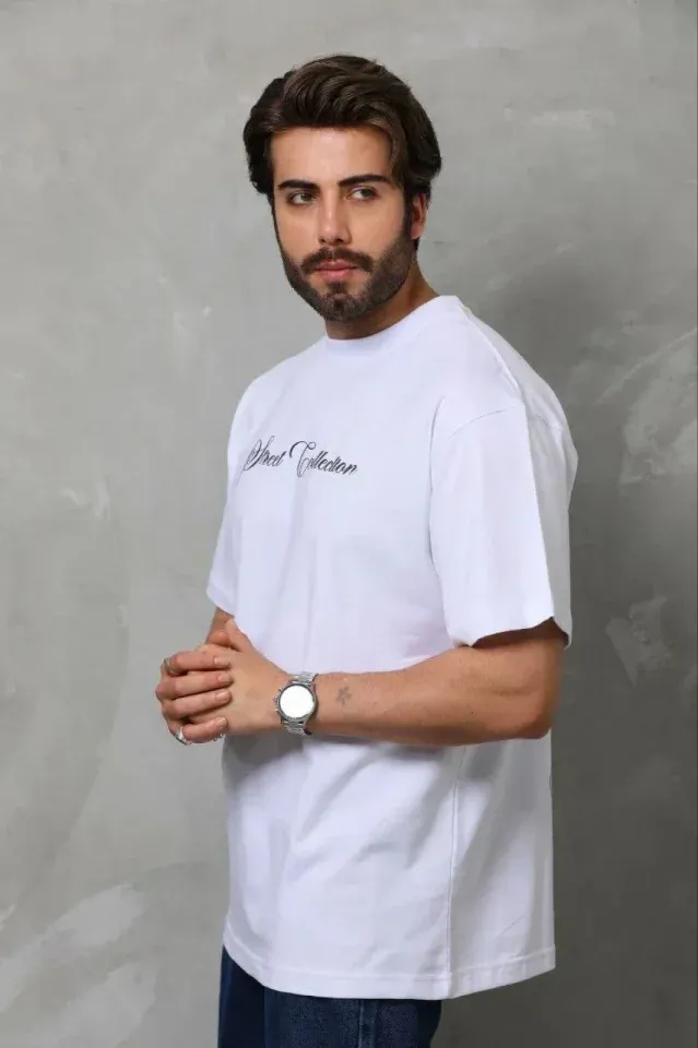Erkek Baskılı T-Shirt Kısa Kol Bisiklet Yaka Regular Fit Rahat Kalıp Günlük Tişört - Beyaz