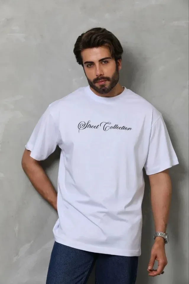 Erkek Baskılı T-Shirt Kısa Kol Bisiklet Yaka Regular Fit Rahat Kalıp Günlük Tişört - Beyaz