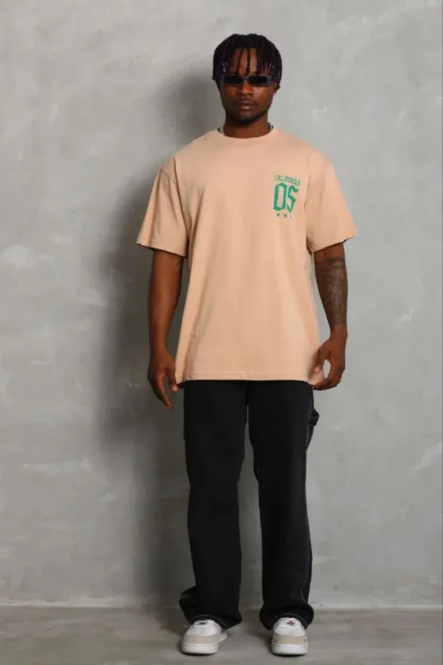 Erkek Baskılı T-Shirt Kısa Kol Bisiklet Yaka Regular Fit Rahat Kalıp Günlük Tişört - Bej