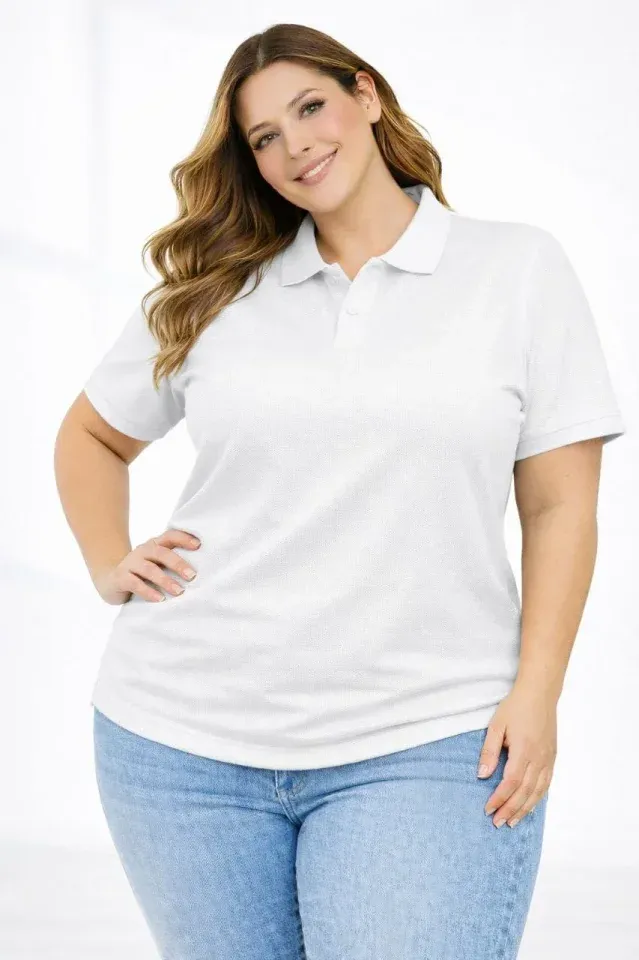 Pike Kumaş Düğmeli Yaka Battal Büyük Beden Günlük Kısa Kol Tişört T-shirt - Beyaz