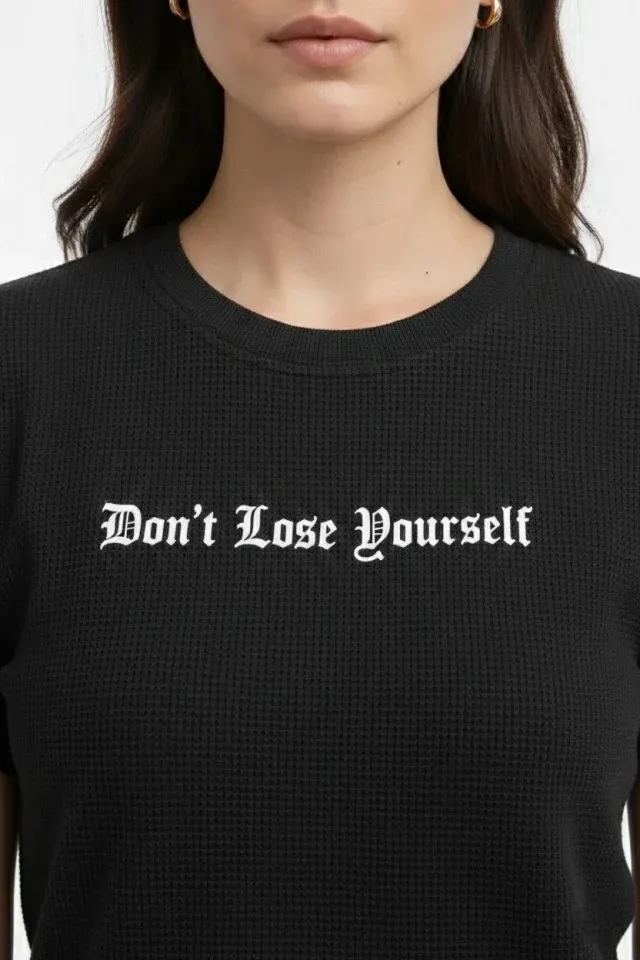 Wafıl Kumaş Tişört Regular Kalıp Bisiklet Yaka Baskılı Günlük Basic T-Shirt - Siyah