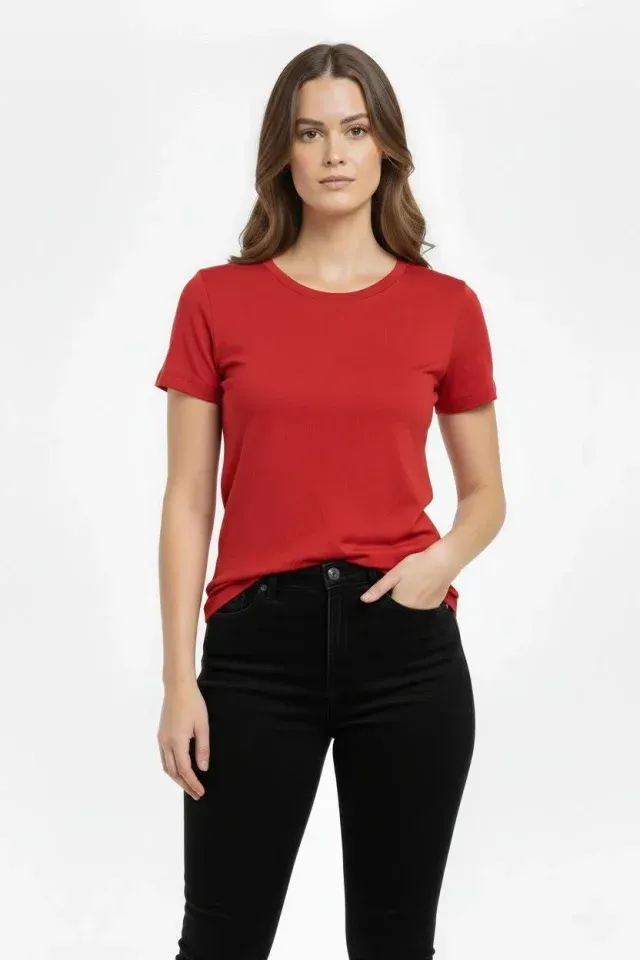 T-Shirt Bisiklet Yaka Slim Fit Likralı Tişört Günlük Basic Body - Kırmızı