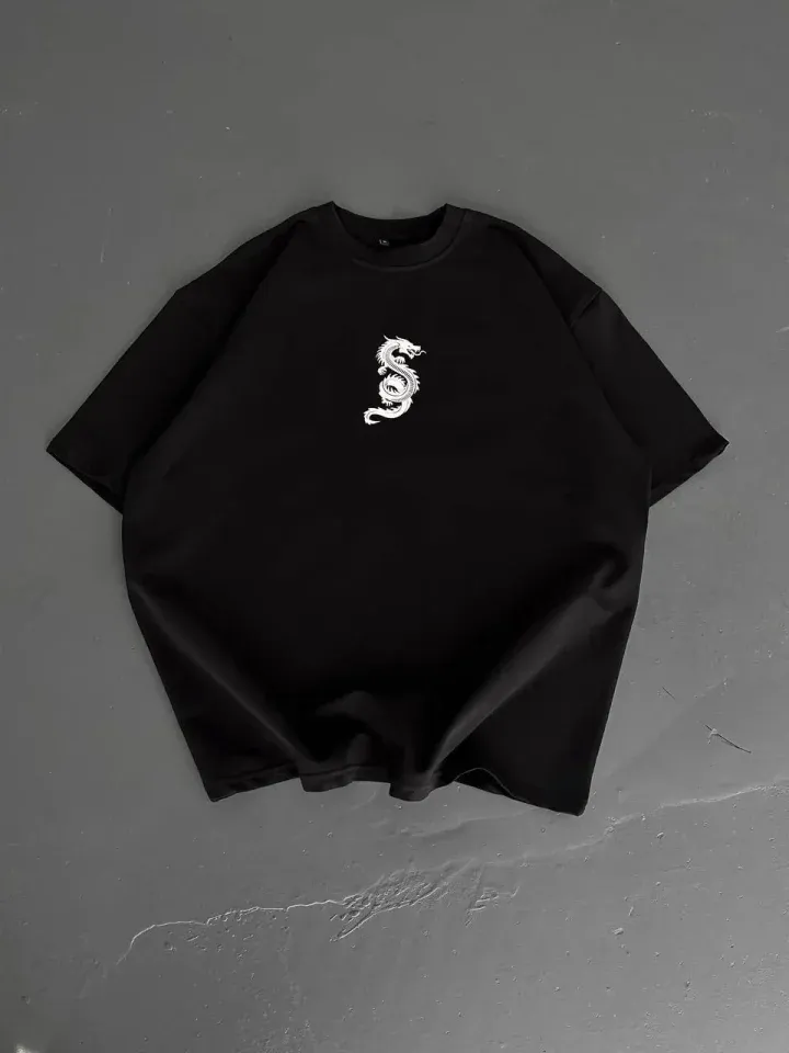 Baskılı Oversize Bisiklet Yaka T-shirt - Siyah