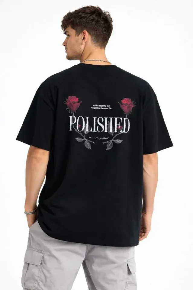 Erkek Bisiklet Yaka Baskılı  Kısa Kollu Tişört Streetwear Günlük Basic Pamuklu T-shirt - Siyah