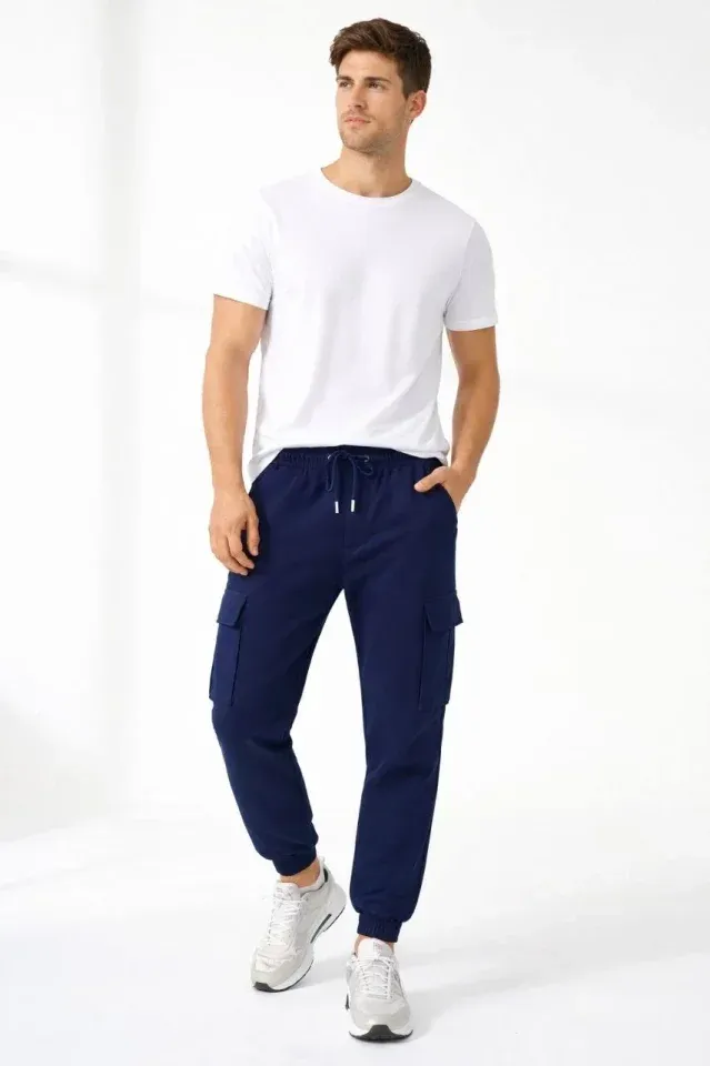 Erkek Jogger Eşofman Altı Regular Fit , Kargo Cepli, Lastikli Paça, Günlük Spor Pantolon - Lacivert