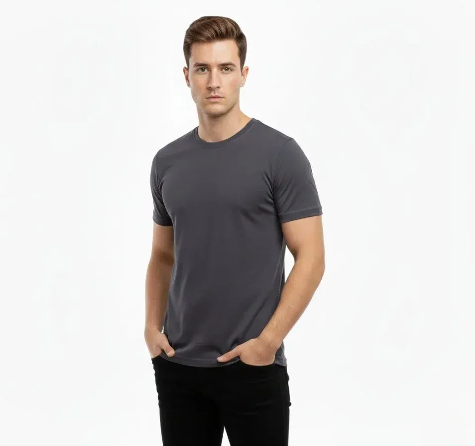 Erkek T-Shirt Bisiklet Yaka Slim Fit Dar Kesim Likralı Tişört Günlük Basic Body - Füme